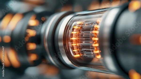 Fototapeta Close-up of Solid State Battery Cell with Transparent Design and Illuminated Features for Technology Insights