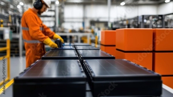 Fototapeta Worker in Futuristic Factory Producing Solid State Battery Cells for Advanced Energy Solutions