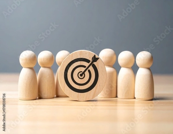 Fototapeta Teamwork and Business Goals Execution. A wooden disc with a bulls eye and arrow icon is placed among wooden figures