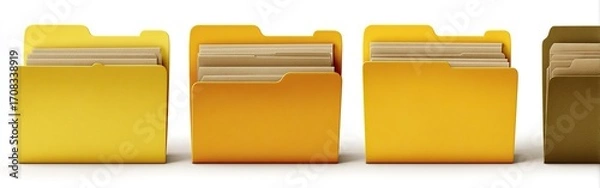 Fototapeta Three computer file folders in varying shades of yellow and one in a darker shade,  are presented against a plain white background.