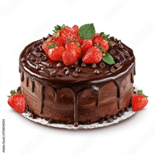 Fototapeta Round chocolate cake with strawberries and chocolate drizzle