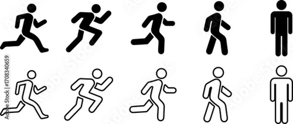 Fototapeta Man stands, walk and run icon set. People symbol. Person standing, walking and running illustration.