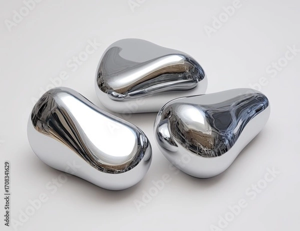 Fototapeta Three smooth, reflective, metallic ovals on a light gray background.  