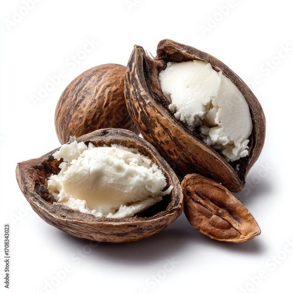 Fototapeta Two shea butter nuts, split open, revealing creamy white interior.  A third whole nut and a discarded shell are visible.  Close-up, isolated on white background