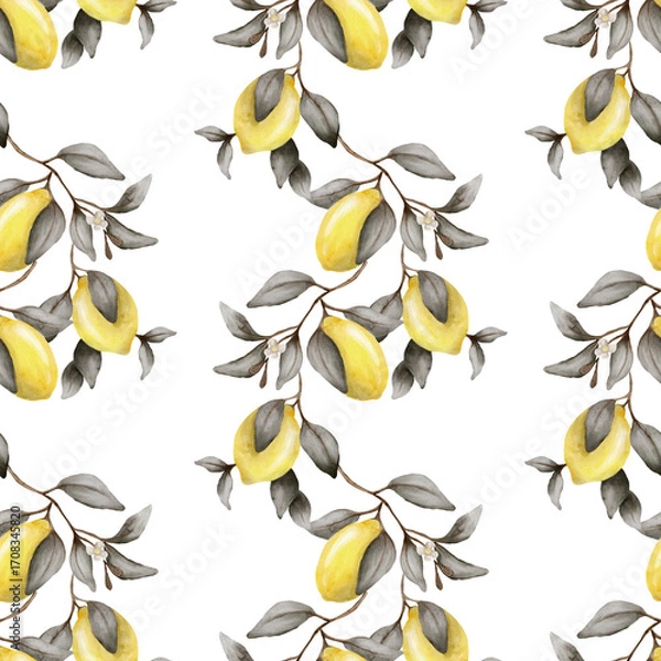 Fototapeta Bright lemon pattern with leaves for seamless textile design and wrapping paper