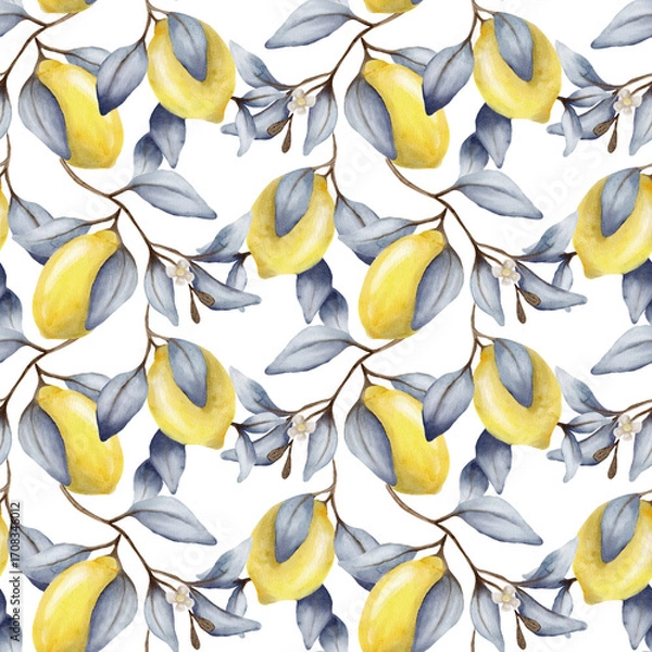 Fototapeta Bright lemon watercolor pattern for textiles and packaging design