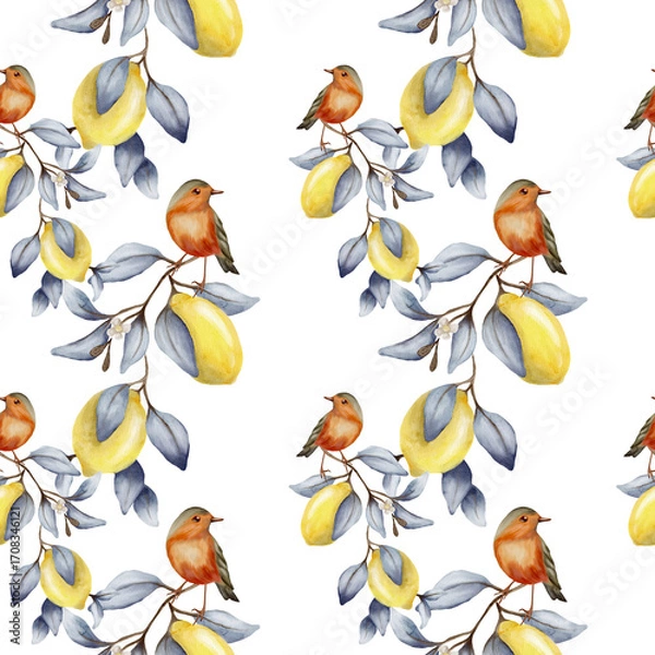 Fototapeta Bright watercolor pattern with birds and lemons for fabric and wrapping paper design