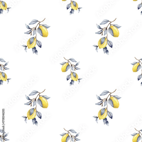 Fototapeta Bright yellow lemons create a cheerful seamless watercolor pattern for textile design