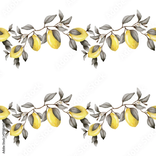Fototapeta Bright yellow lemons with green leaves create a fresh seamless pattern design for fabric