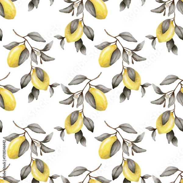 Fototapeta Charming watercolor lemon pattern for textile and packaging design
