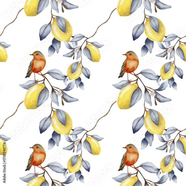 Fototapeta Colorful watercolor pattern with birds and lemons for fabric and wrapping designs