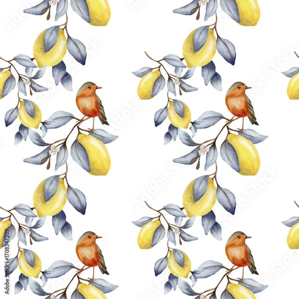 Fototapeta Vibrant watercolor pattern featuring birds and lemons for textile and packaging design