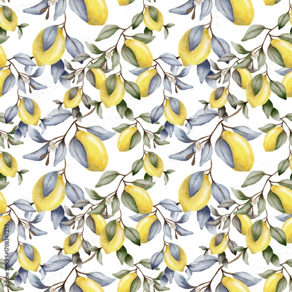 Fototapeta Watercolor lemon and leaf pattern design for textile and packaging projects