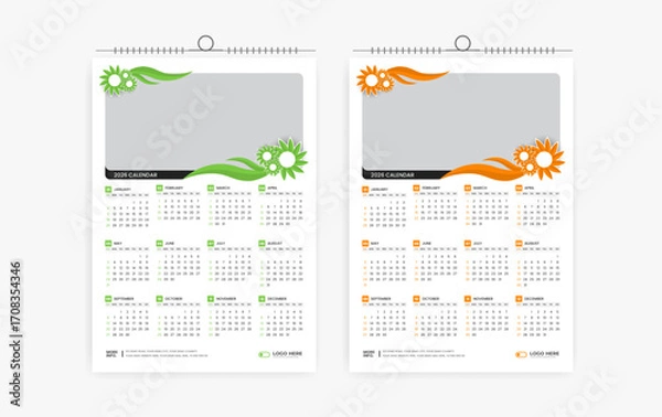 Fototapeta 2026 One page wall calendar design template, modern 12 month one page calendar