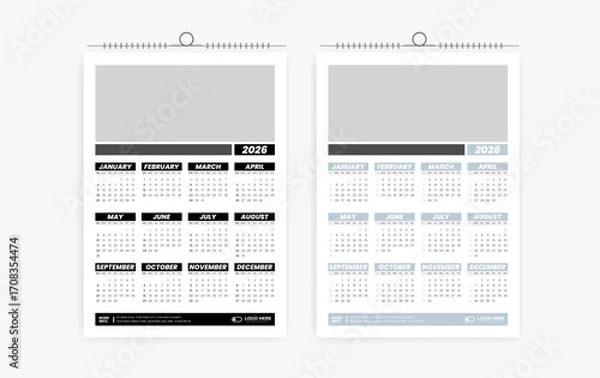 Fototapeta 2026 One page wall calendar design template, modern 12 month one page calendar