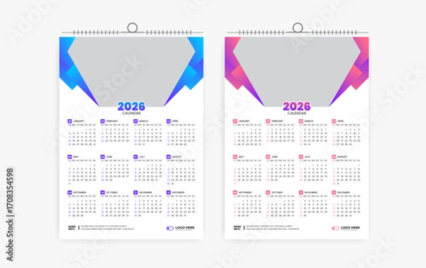 Fototapeta 2026 One page wall calendar design template, modern 12 month one page calendar