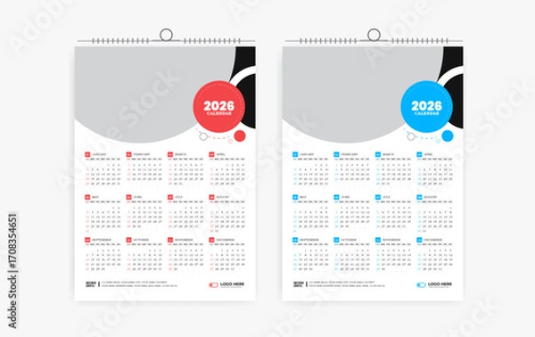 Fototapeta 2026 One page wall calendar design template, modern 12 month one page calendar