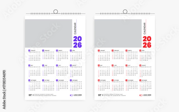 Fototapeta 2026 One page wall calendar design template, modern 12 month one page calendar