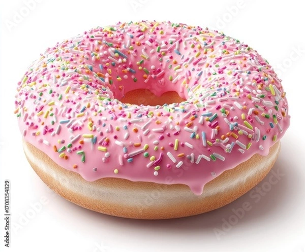 Fototapeta A glazed donut, vibrant pink, topped with colorful sprinkles