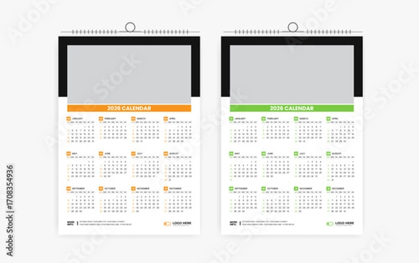 Fototapeta 2026 One page wall calendar design template, modern 12 month one page calendar