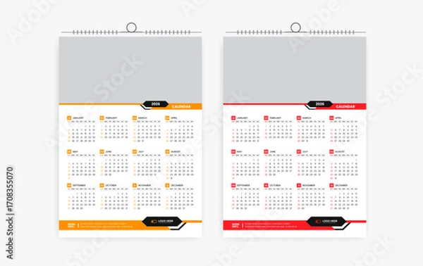 Fototapeta 2026 One page wall calendar design template, modern 12 month one page calendar