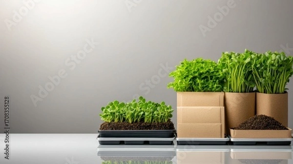 Fototapeta Minimalist Display of Fresh Seed Packets and Healthy Plant Growth in Standard Containers