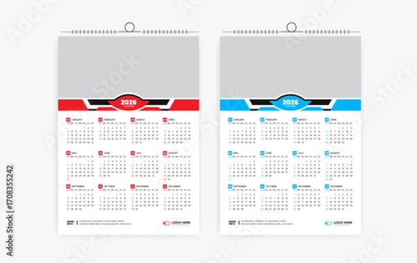 Fototapeta 2026 One page wall calendar design template, modern 12 month one page calendar