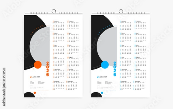Fototapeta 2026 One page wall calendar design template, modern 12 month one page calendar