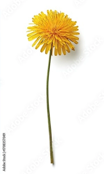 Fototapeta A bright yellow dandelion flower with a slender stem, isolated against a pure white background.  
