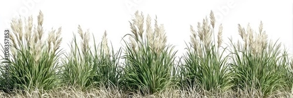 Fototapeta Multiple clumps of light-green grass with fluffy, light beige flower-like seed heads