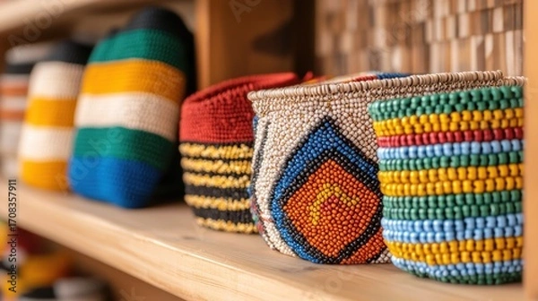 Fototapeta Colorful Artisan Jewelry and Beaded Crafts Displayed on Shelves with Intricate Designs and Patterns