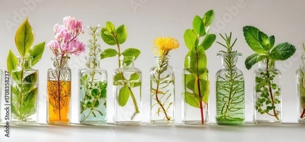 Fototapeta Small glass bottles, each holding a different herb or flower,  with clear liquid.  Colorful, healthy, natural.  Fresh sprigs of botanicals