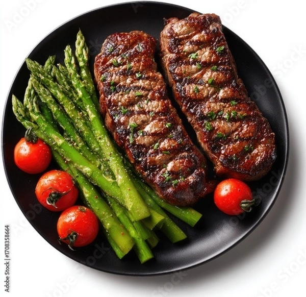 Fototapeta Grilled steak with asparagus and cherry tomatoes on a dark plate