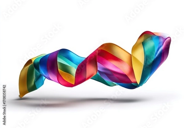 Fototapeta A vibrant, swirling ribbon in a rainbow spectrum, flowing against a pure white background.  A 3D render of a dynamic, colorful design element