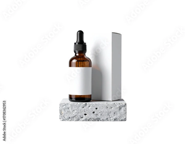 Fototapeta Amber glass bottle with white label on a grey concrete block, next to a white box