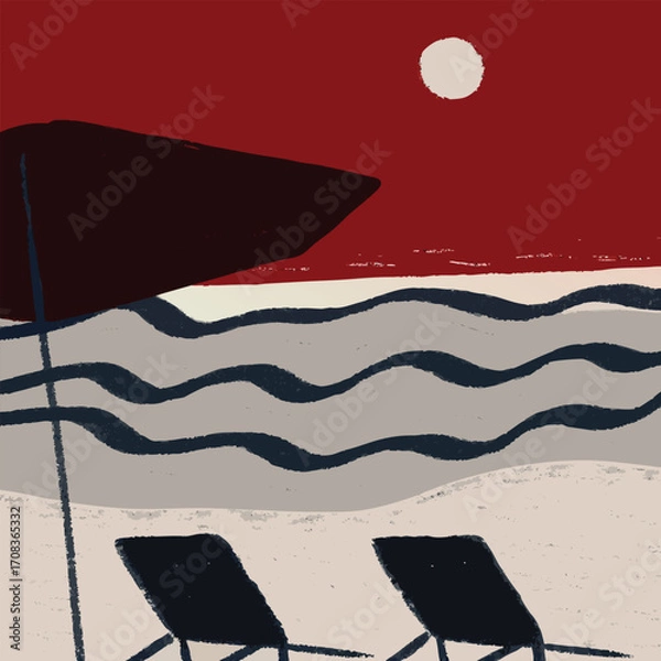 Fototapeta Simple crayon style beach scene illustration with lounge chairs and umbrella vector art vector