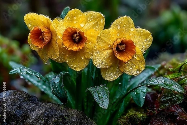 Fototapeta Vibrant yellow daffodils with orange centers high resolution picture