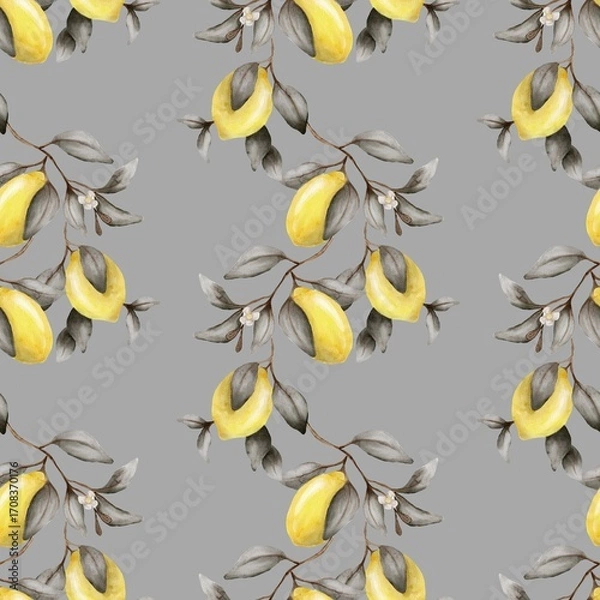 Fototapeta Bright watercolor lemon pattern for textile and wrapping designs