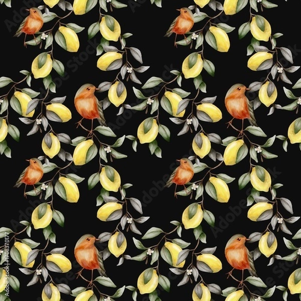 Fototapeta Bright watercolor birds and lemons pattern for textiles and wrapping