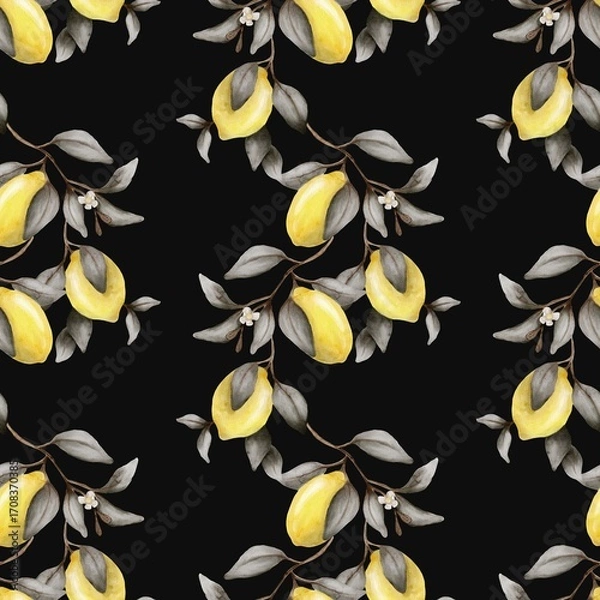 Fototapeta Elegant watercolor lemon pattern for textile and wallpaper design