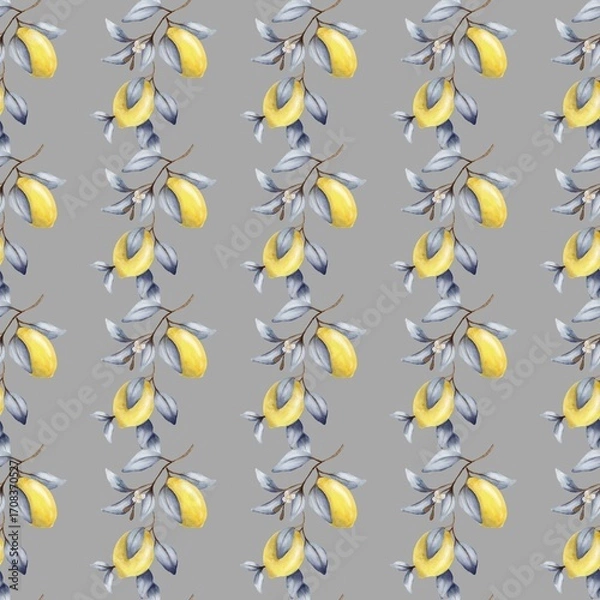 Fototapeta Watercolor lemon and leaf pattern design for fabric and wrapping paper
