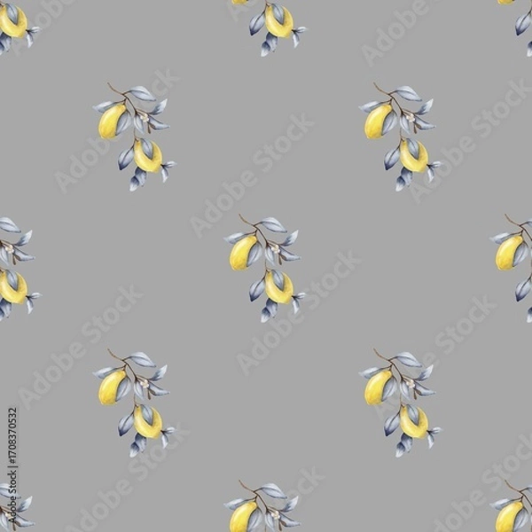 Fototapeta Watercolor textile pattern featuring yellow fruits and leaves on a gray background