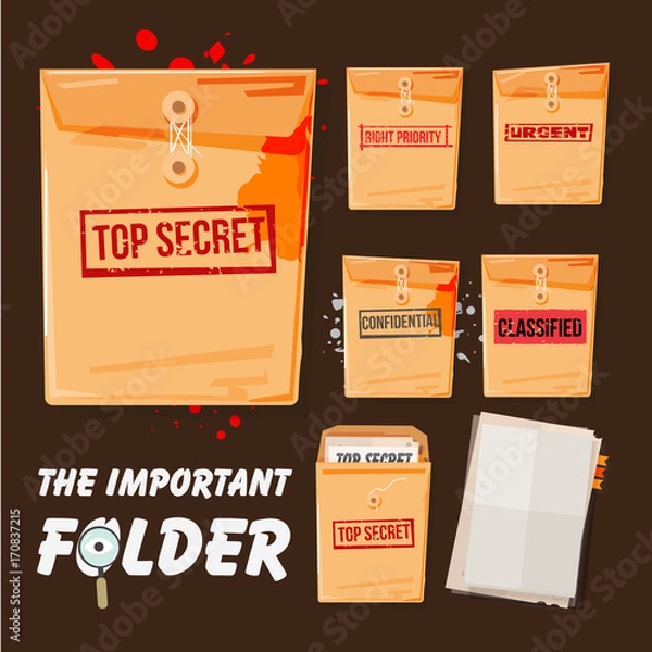 Fototapeta folders set with different stamp text come with blank document. top secret, confidential, urgent and high priority - vector