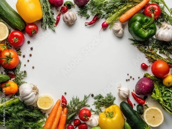 Fototapeta Colorful vegetables arranged in a frame around a blank space