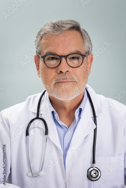 Obraz A friendly doctor in a white coat is ready for an online consultation. He wears glasses and has a stethoscope around his neck, offering a sense of reliability and care.