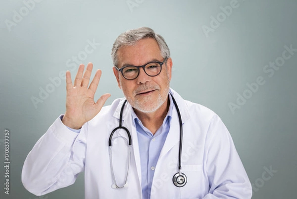 Obraz A healthcare professional waves during an online doctor consultation. He is wearing a white coat with a stethoscope around his neck, creating a welcoming atmosphere for patients.