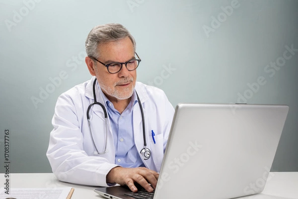 Obraz A doctor in a white coat is sitting at a desk, using a laptop to conduct an online consultation. He is engaged, offering guidance and support to a patient remotely.