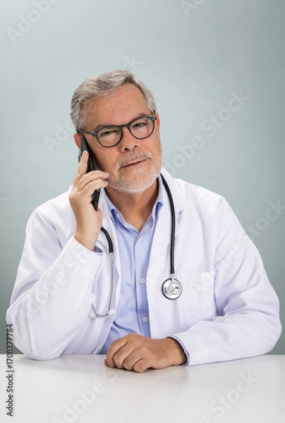 Obraz A healthcare professional is engaged in an online consultation, speaking on the phone while wearing a white coat. He looks attentive and approachable, providing medical advice remotely.
