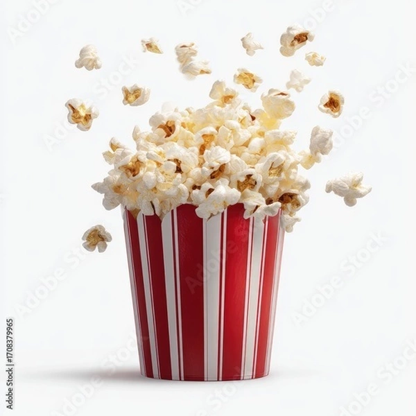 Fototapeta Popcorn bursts from a red and white striped container against a white background (1)
