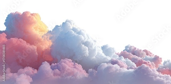 Fototapeta Pastel-hued cloudscape against a white background.  Soft, fluffy cumulus clouds in shades of pink, orange, and light blue